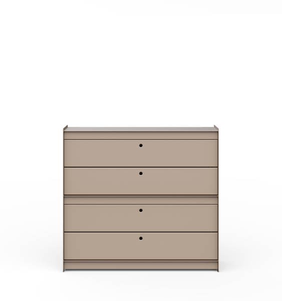 Mínímalísk hilla með fjórum skúffum frá Util. Beige, duftlakkað ál. Sjónarhorn að framan.