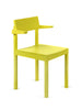 Bright yellow dining chair with armrests on a white background.