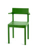 Elegant bright green dining chair with armrests on a white background. View from the front, slightly tilted.