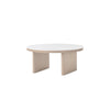 Product image. A elegant small sofa table on a white background. Frame is made from light wood. The round table top is white marble.