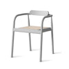 Product image. A light grey dining chair with armrests on a white background.