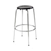 Product shot. A single classical looking barstool on a white background. Seat is black wood in circular form. Frame is in chrome.