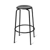 Product shot. A single classical looking barstool on a white background. Seat is black wood in circular form. Frame is black metal.