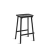 Black on black counter stool. Black legs and black wooden seat. White background.