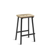 Cute and minimalistic counter stool. Black metal legs and light coloured wooden seat. White background.