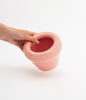A hand holds up a small pink flower planter. White background.