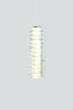 Cylindrical light fixture with green spiral design on a gray background