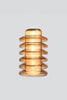 Modern pendant light with amber glass finish on a white background.