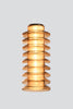 Modern pendant light with amber glass finish on a white background.