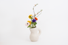 A beautiful white jug made from mat ceramic. Colourful flowers in the jug. White background.