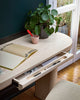 Italian furniture design. A close up of the small and sophisticated Jumbo writing desk. Open drawer. A open journal on the desk top along with a plant. Wooden floor. Dark green wall in the background.