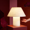 A large and beautiful table lamp made from white alabaster. The lamp is on a red plinth. Red background. A hand reaches for the lamp in the right side of the image.