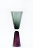 Gorgeous, tapered vase in handmade glass. Blue green and burgundy colours. White background.
