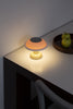Pale pink and yellow, cute little table lamp sits on the corner of a desk. White wall in the background. The lamp is turned on.
