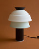 A striking little table lamp in black. It has a double lamp shade in white and mint green silicone. Brown background. The light is switched off.