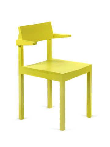 Bright yellow dining chair with armrests on a white background.