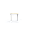 A small, minimalistic, aluminum dining table with ivory coloured table top on a white background.
