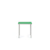 A small, minimalistic, aluminum dining table with green table top on a white background.