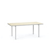 Minimalistic design. A beautiful aluminium dining table with a Ivory coloured table top. White background.