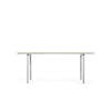 A minimalistic aluminium dining table on a white background.