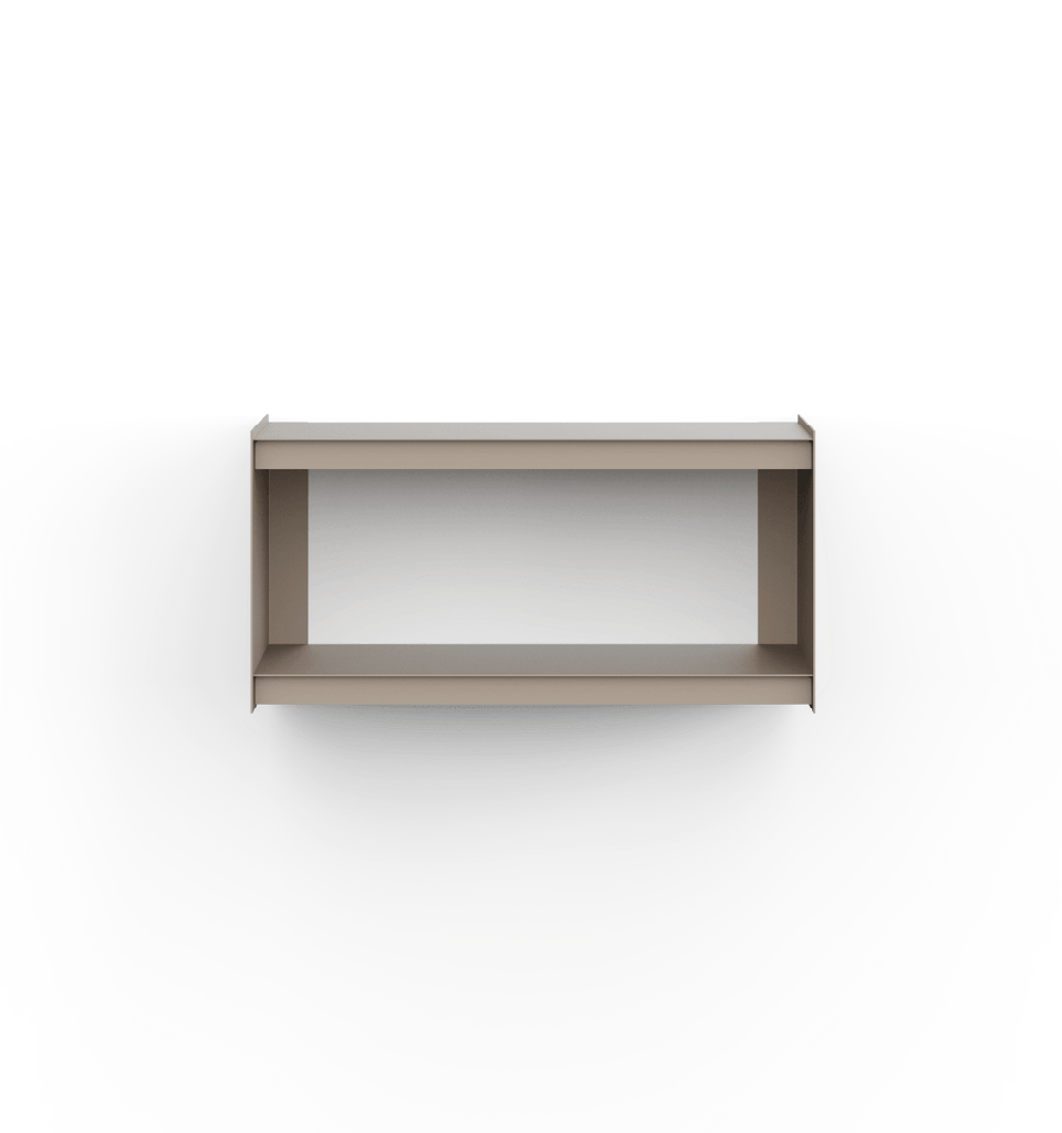 Einföld og mínímalísk vegghilla frá Util úr beige, duftlökkuðu áli. Sjónarhorn að framan.